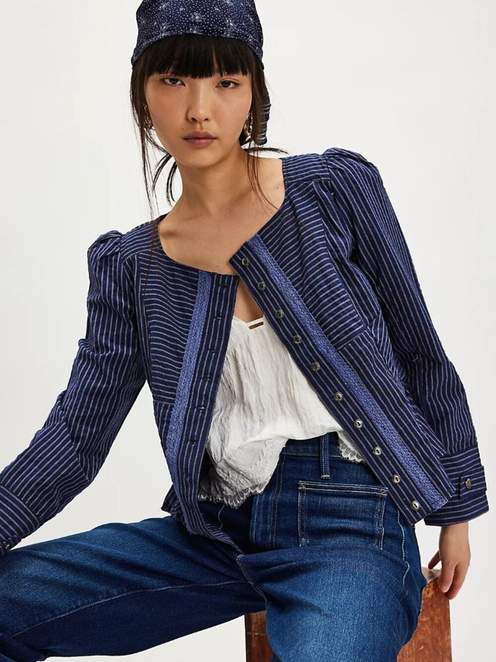 NWT Free People Darcy Jacket Navy Stripe Eyelet Snap Puff Shoulder M MSRP $118